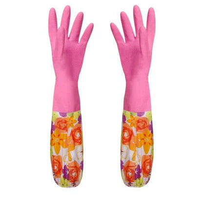 Floral printed rubber kitchen gloves with long length for comprehensive hand and forearm protection