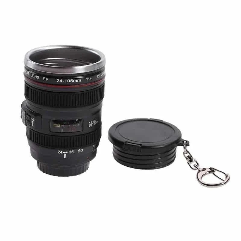 Stainless steel and plastic camera lens-shaped shot glass for serving cocktails, liqueurs, and specialty drinks