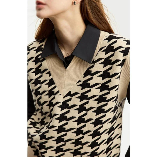 Sophisticated autumn plaid knitted waistcoat with intricate pattern and modern design for the modern British woman
