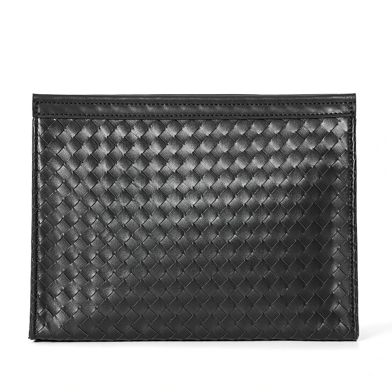 Premium hand-woven black leather briefcase with multiple pockets and adjustable shoulder strap