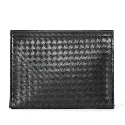 Premium hand-woven black leather briefcase with multiple pockets and adjustable shoulder strap