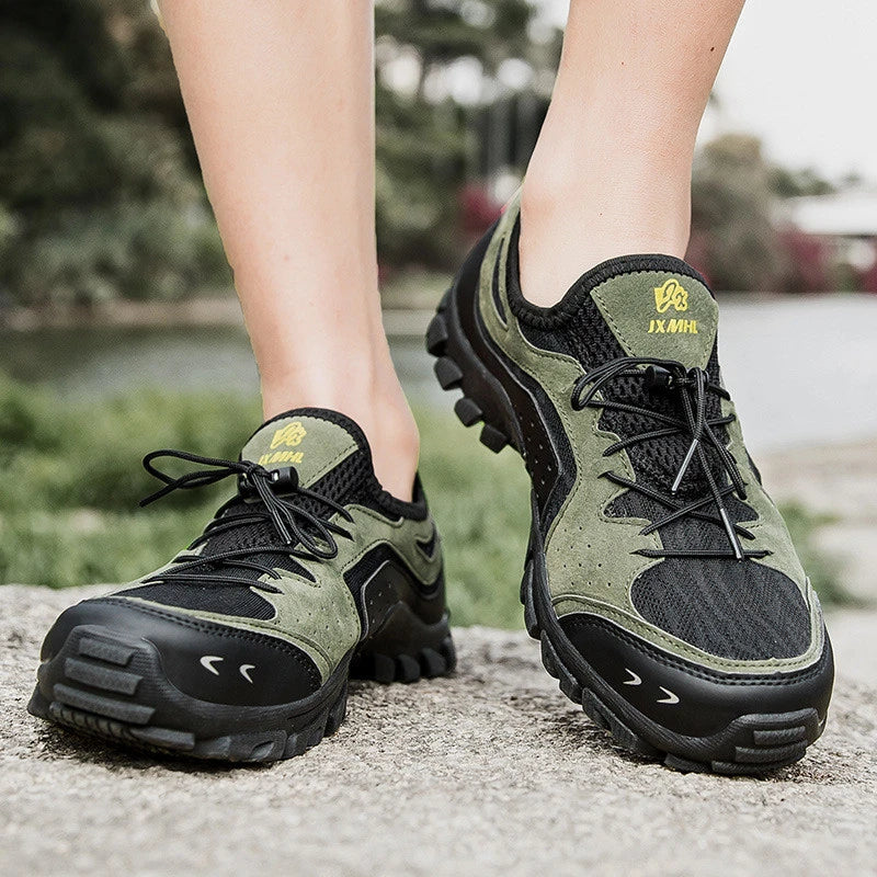 Couple wearing durable British-made mesh hiking shoes exploring the outdoors