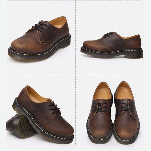 Premium crazy horse leather couple shoes with Martin-style design, PVC sole, and superfine fibre lining