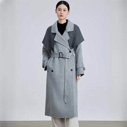 Stylish patchwork woollen blazer with belt in multiple sizes, perfect for spring wear