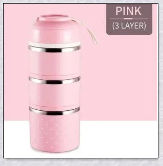 Insulated Hot Food Thermos Lunchbox Tower with multi-layer design and choice of green, pink, blue, or gray colour