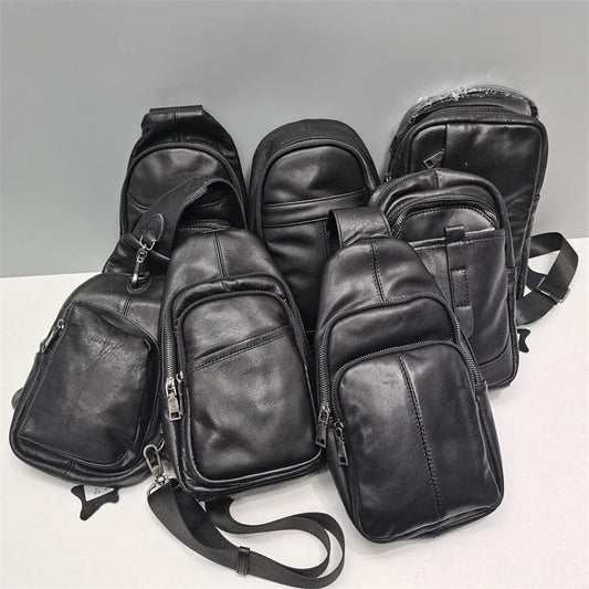 Premium black leather chest bag with zipper closure, adjustable strap, and ample storage space for everyday essentials