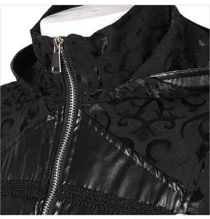 Black stand collar leather gothic cape coat with a flowing, dramatic silhouette