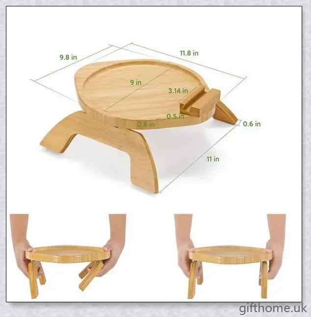 Elegant bamboo sofa tray with a natural finish, designed for relaxation and serving beverages or snacks in the living room or bedroom.