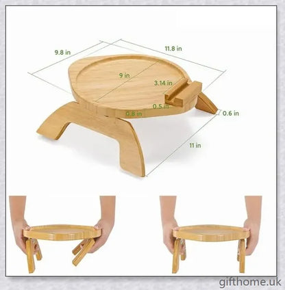 Elegant bamboo sofa tray with a natural finish, designed for relaxation and serving beverages or snacks in the living room or bedroom.