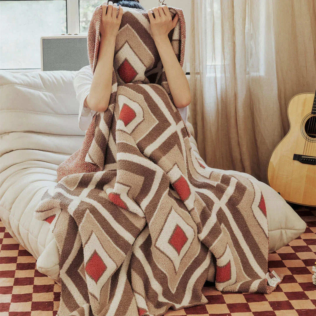 Luxurious Plaid Throw Blanket in Khaki, a cosy and stylish microfibre blanket with a vibrant Mediterranean-inspired design
