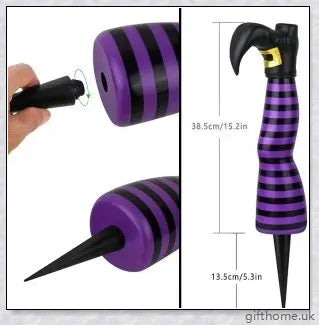 Animated witch legs in various colours, including purple, yellow, and black and white, kicking and moving to create a spooky Halloween display