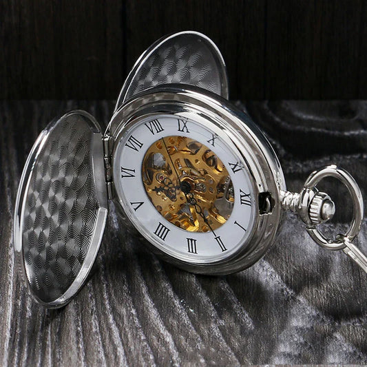 Classic minimalist vintage two-sided mechanical pocket watch in silver tone
