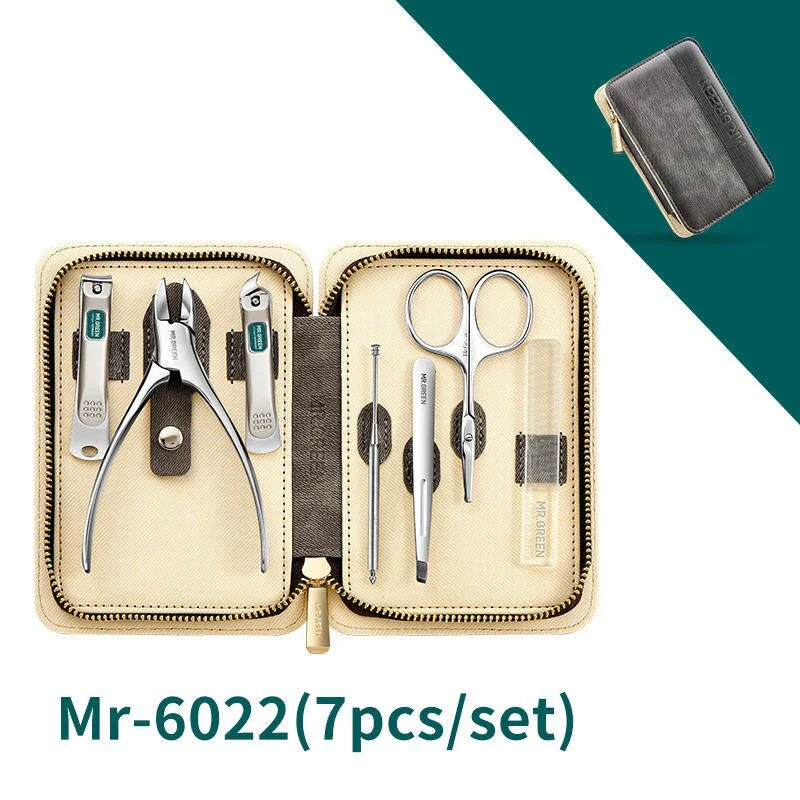 Sophisticated stainless steel manicure set with vibrant colour accents and compact travel case
