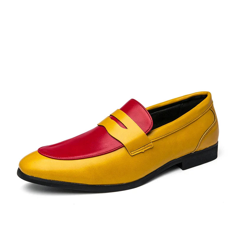 Premium British-style leather dress shoes for men in white, black, yellow, and red colour options