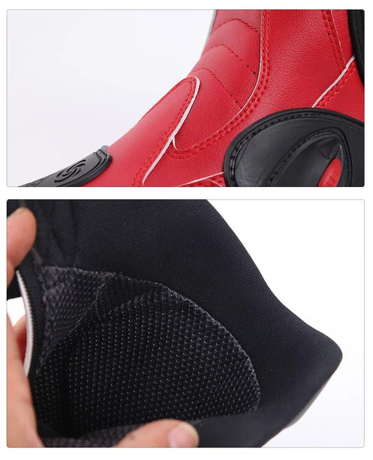 Premium motorcycle riding boots with durable microfiber leather, breathable mesh lining, and reinforced toe and heel for enhanced impact protection