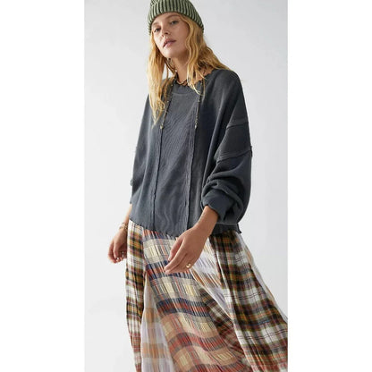 Chic cotton sweatshirt for women featuring a unique patchwork design, classic O-neck collar, and full-length sleeves for cosy comfort and fashion-forward style.