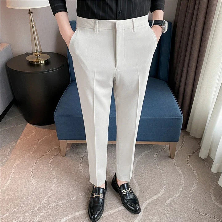 Premium men's suit trousers in a variety of colours, featuring a subtle textured drape and exceptional stretch for all-day comfort and style.
