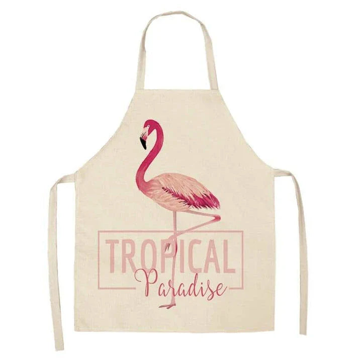 Flamingo Print Apron with Adjustable Neck Strap and Waist Ties, Made of Cotton and Linen Blend