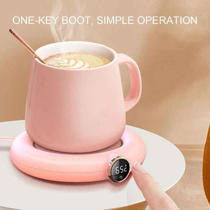 Premium Electric USB Mug Warmer in white, with three temperature settings and automatic shut-off feature for perfectly hot beverages