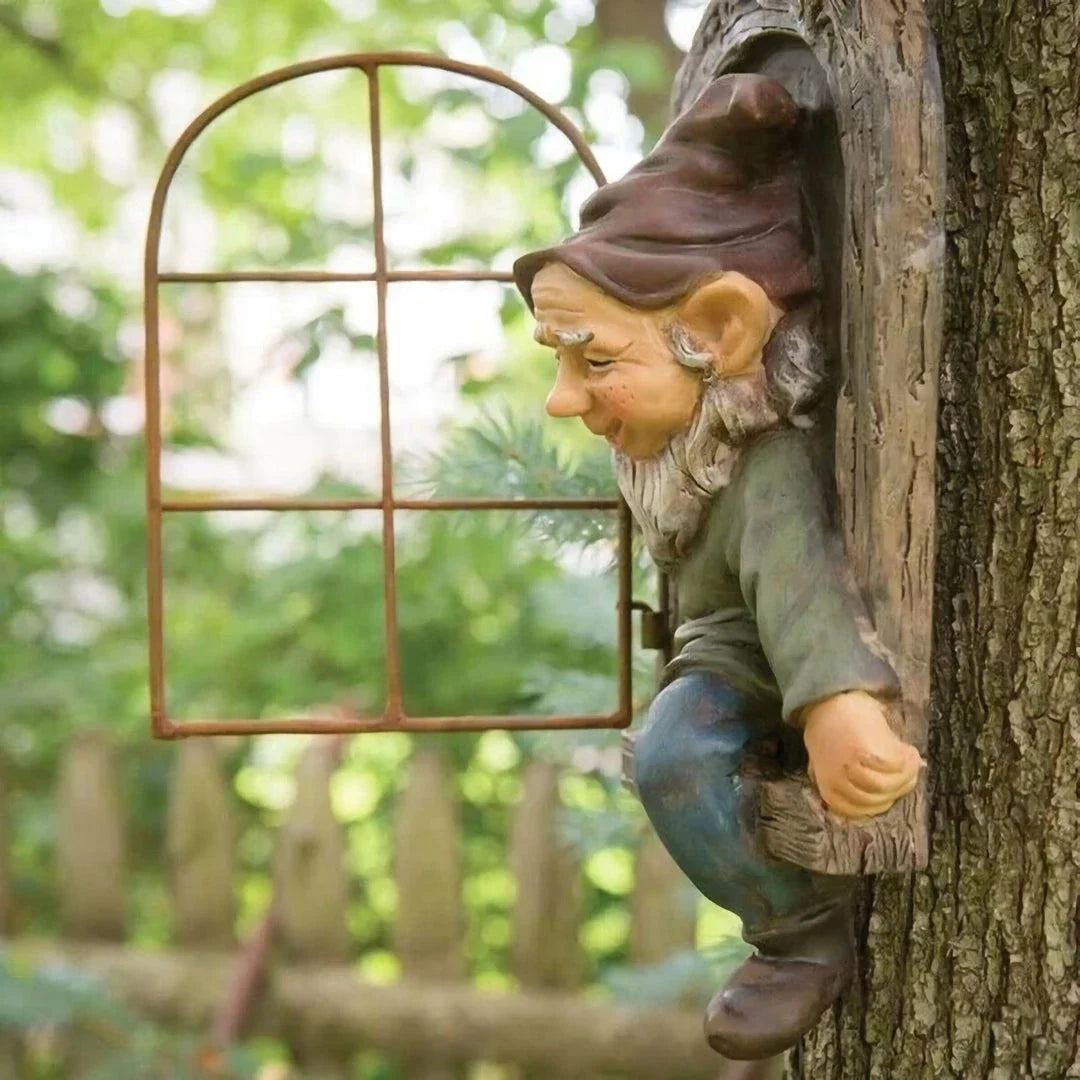 Naughty Elf Out The Door Tree Hugger Garden Statue, a charming resin gnome figure designed to hang on trees or peek out from windows and doors