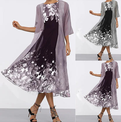 A stylish, multi-colour long dress made from high-quality chiffon fabric, featuring a comfortable swing skirt and versatile 3/4 sleeves.