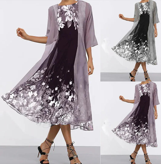 A stylish, multi-colour long dress made from high-quality chiffon fabric, featuring a comfortable swing skirt and versatile 3/4 sleeves.
