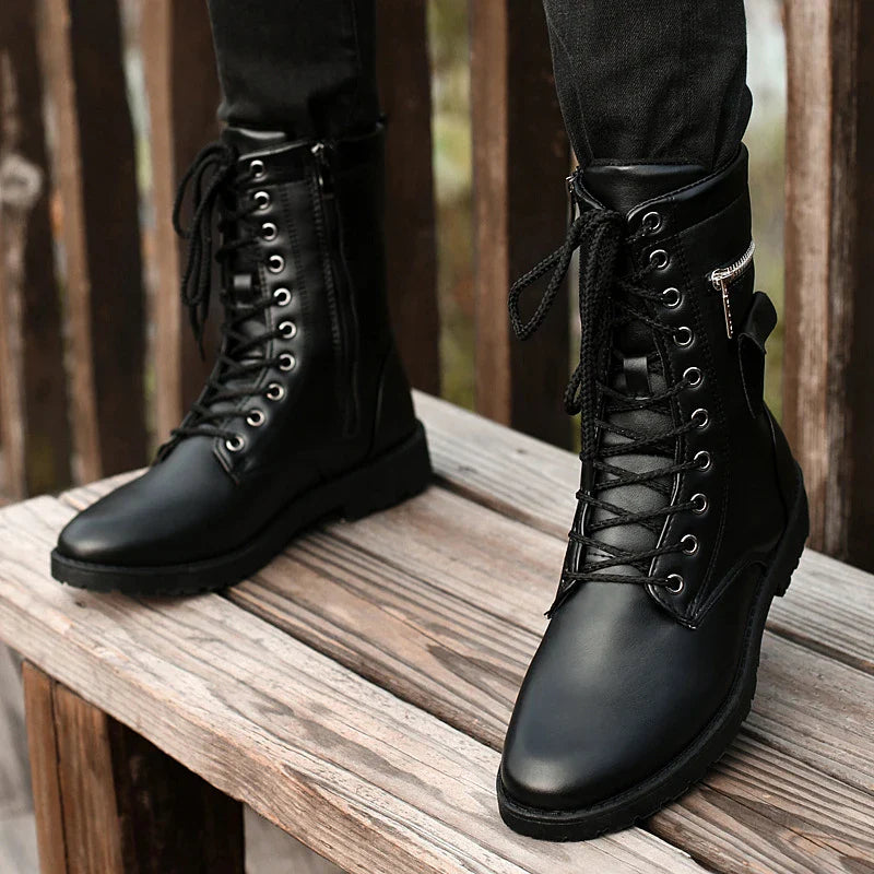 Premium mid-calf fleece-lined Martin boots for men, featuring a sleek square heel design and classic car stitch pattern in a durable black colour