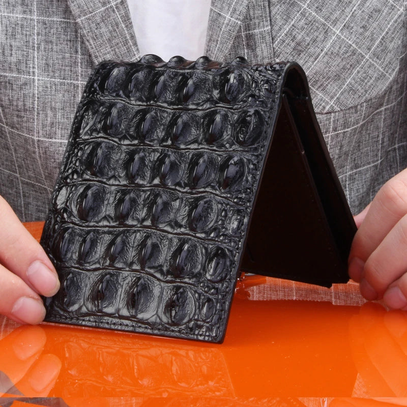 Premium leather bifold wallet in a horizontal square design with a sophisticated crocodile-embossed pattern