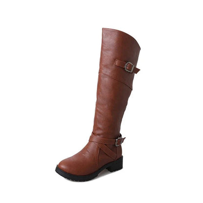 A pair of stylish women's low heel boots with a round toe design, available in black, brown, and army green colours.