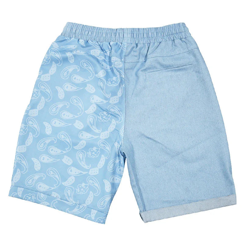 Relaxed-fit sports shorts in light blue and denim blue mosaic patterns, designed for casual everyday wear