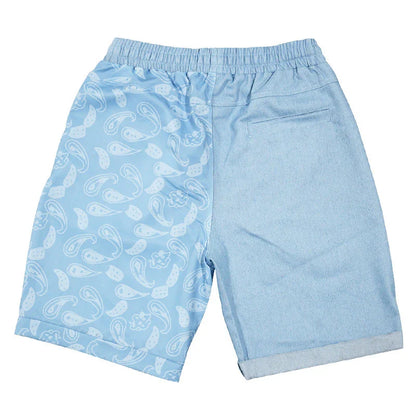Relaxed-fit sports shorts in light blue and denim blue mosaic patterns, designed for casual everyday wear