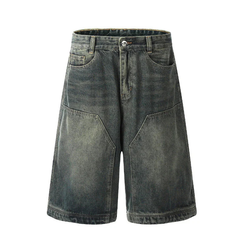 Relaxed-fit men's denim shorts in a vintage blue wash, featuring a wide-leg silhouette and adjustable waistband for maximum comfort.