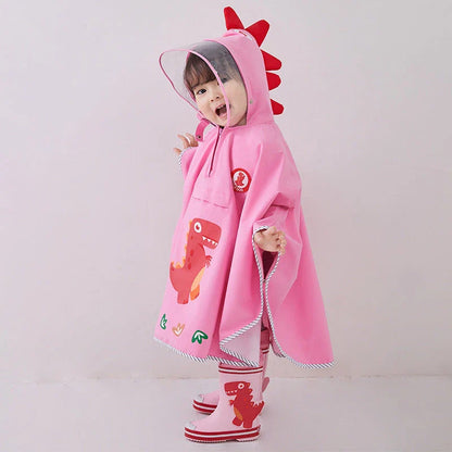 A colourful dinosaur-themed waterproof rain poncho for children, designed to keep them dry and happy during outdoor activities.