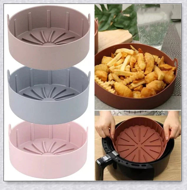Premium silicone air fryer basket with flexible, non-stick design for easy cleaning and even heat distribution
