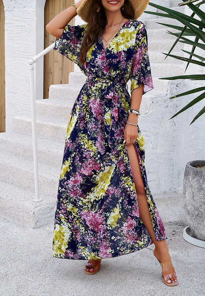Elegant V-Neck Floral Print Dress with Cinched Waist - Ankle-Length, Stretch Fabric, Versatile Design