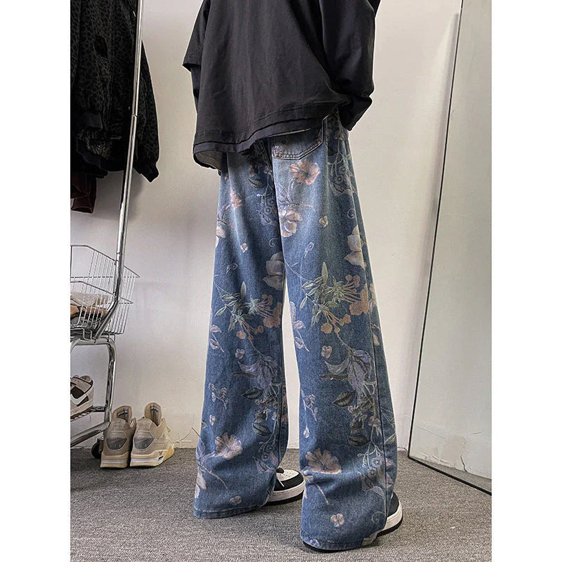Stylish British men's loose straight-leg jeans in classic blue colour, made from durable chemical fibre blend for all-day comfort and versatility.