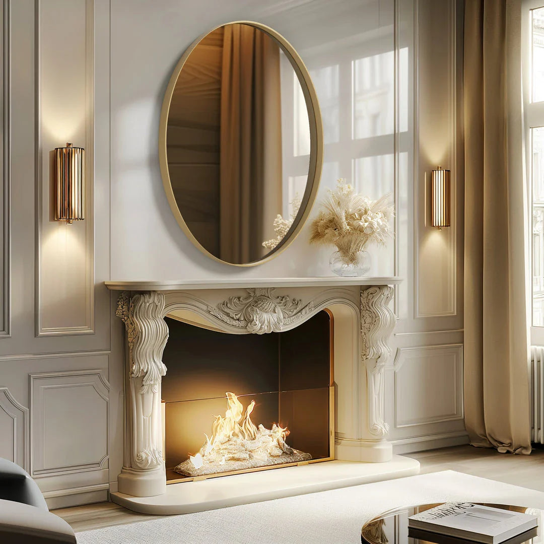 Elegant oval gold wall mirror with brushed gold metal frame, contemporary decorative accent for bedrooms, living rooms, and hallways.
