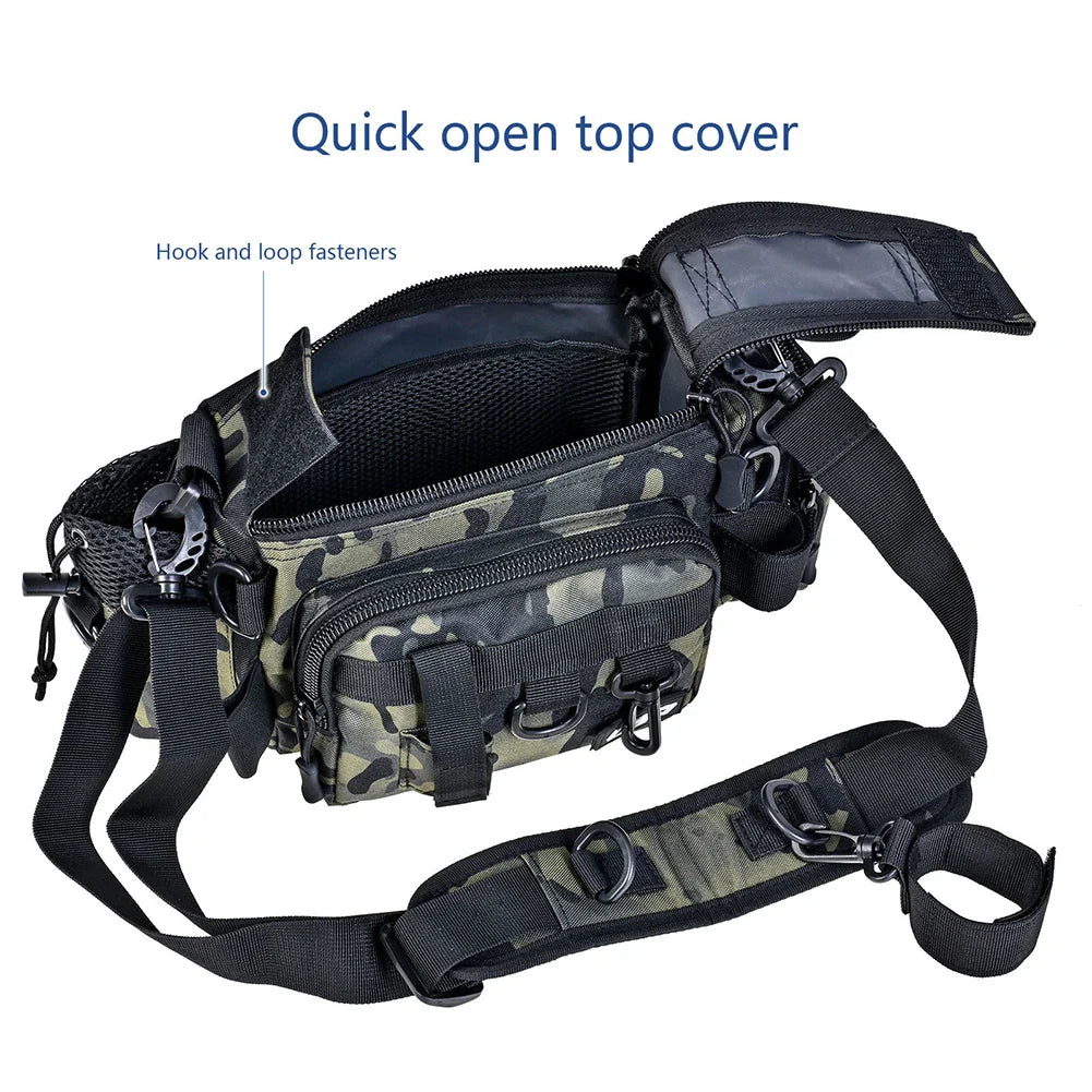 Premium green camouflage fishing tackle kit with Oxford cloth construction and convenient one-shoulder pocket for UK anglers