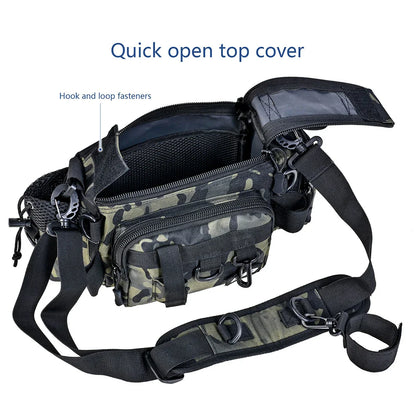 Premium green camouflage fishing tackle kit with Oxford cloth construction and convenient one-shoulder pocket for UK anglers