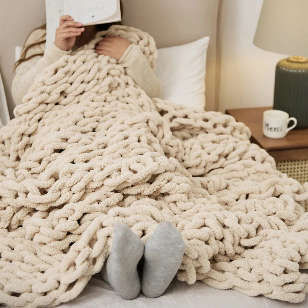Elegant Chenille Chunky Knit Throw Blanket in White, available in adult and child sizes, offering cosy comfort and timeless style for your home