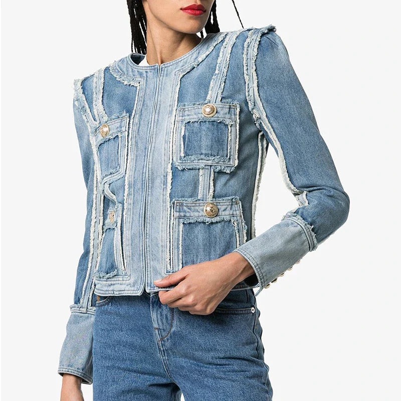 Trendha denim jacket with fringe stitching, lion head buckle, and slim-fit silhouette
