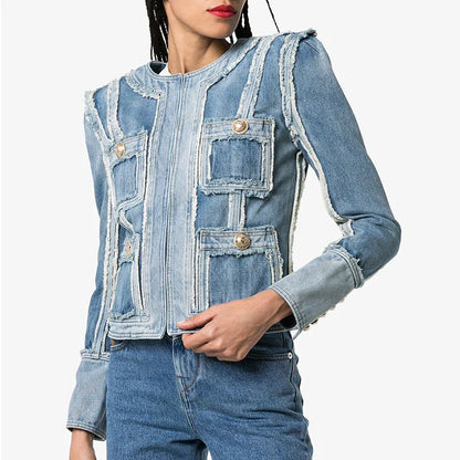 Trendha denim jacket with fringe stitching, lion head buckle, and slim-fit silhouette