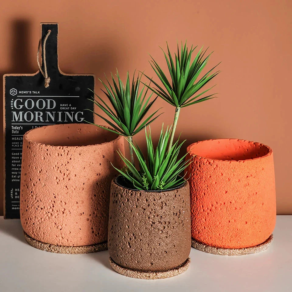 A modern, perforated cement bonsai planter in a Nordic-inspired design, available in various sizes and colours.