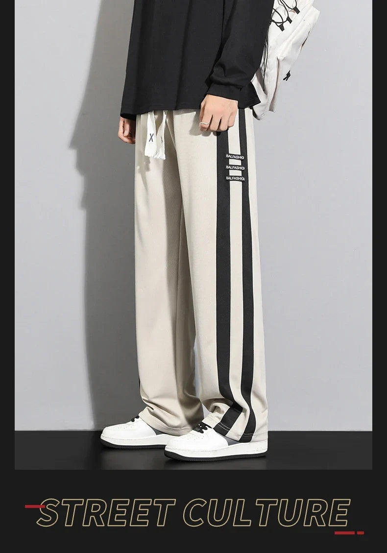 Comfortable striped straight-leg casual trousers in various colours and sizes