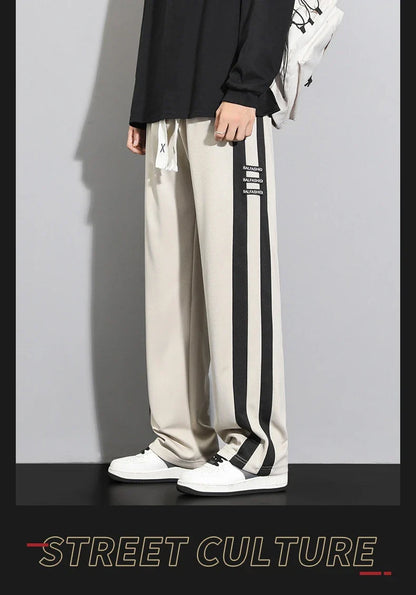 Comfortable striped straight-leg casual trousers in various colours and sizes