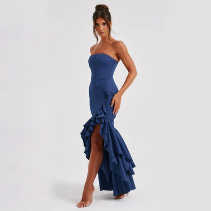A stunning blue evening dress with an asymmetrical ruffled design, perfect for formal occasions and special events.