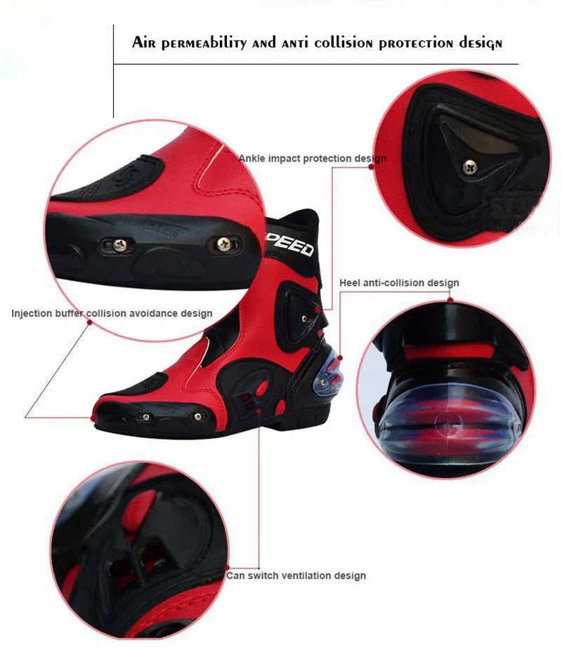 Premium motorcycle riding boots with durable microfiber leather, breathable mesh lining, and reinforced toe and heel for enhanced impact protection