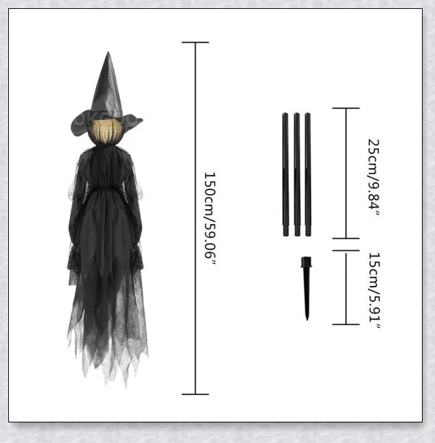 Three tall, black-robed witch figures with faceless glowing heads, standing together and holding hands, creating a spooky outdoor Halloween display