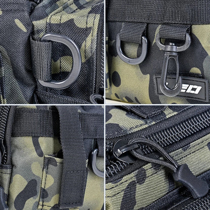 Premium green camouflage fishing tackle kit with Oxford cloth construction and convenient one-shoulder pocket for UK anglers