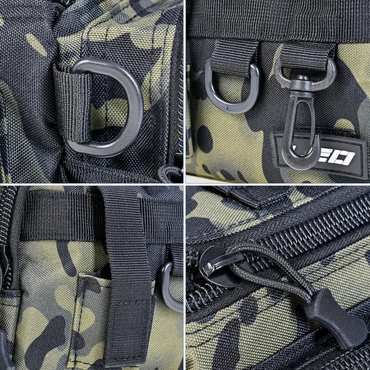 Premium green camouflage fishing tackle kit with Oxford cloth construction and convenient one-shoulder pocket for UK anglers